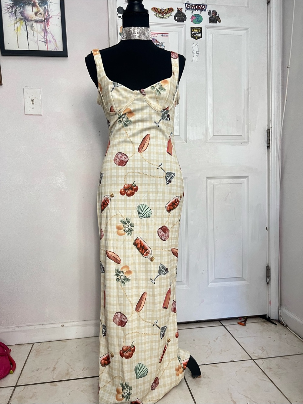 Sleeveless Cream Plaid Maxi Dress with Fruit & Shell Print